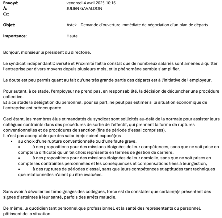 Chez Astek, le syndicat a demandé une négociation pour un plan de départs !