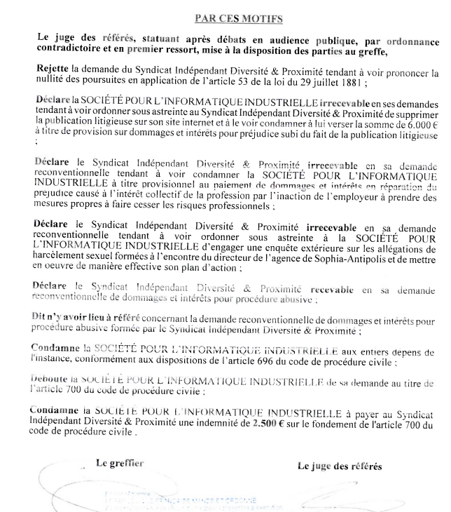 Le tribunal déboute SII de sa demande de condamnation contre le syndicat, mais…